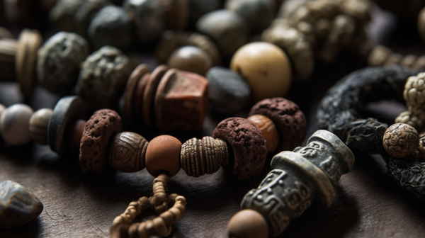 A detailed close-up of various ancient talismanic beads on a parchment, showcasing their unique textures and colours.