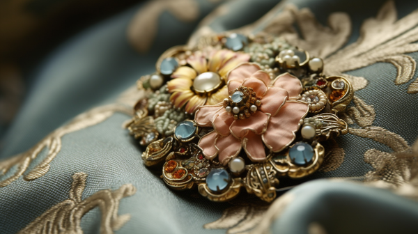 Close-up view of a vintage brooch on a fabric backdrop, illustrating its functional use as a clothing fastener.