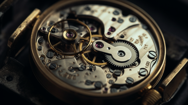 A close-up shot of a vintage watch showing its compensation balance