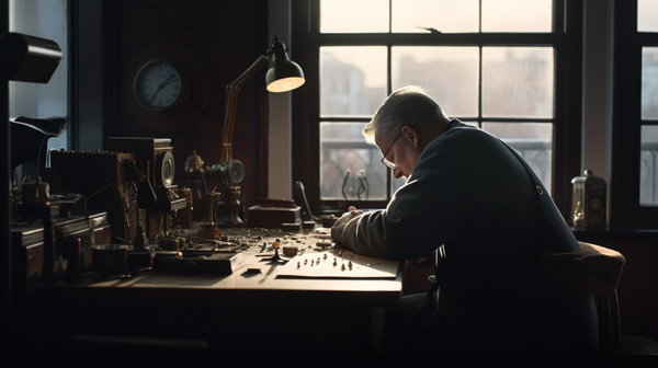 A watchmaker working on a intricate piece in front of a bright east-facing window on a winter's morning, the light highlighting the minute details of the watch.