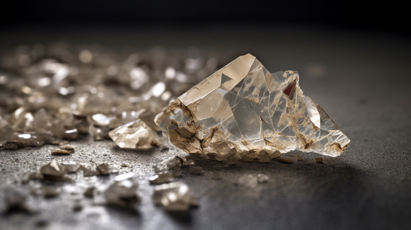 A close-up shot of an Arkansas slip or similar precious stone shattered on a concrete floor.