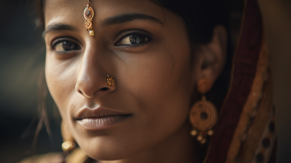 Close-up of an Indian woman wearing a gold nose ring, symbolizing her marital status and cultural identity.