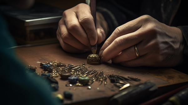 Close-up of a jeweller's hands meticulously crafting a piece of contemporary jewellery, reflecting the artistry and technological eclecticism in modern jewellery design.