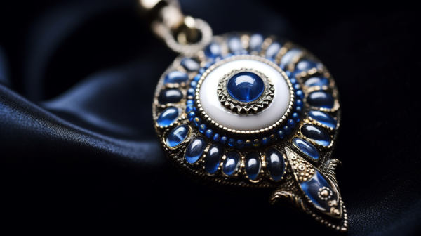 Close-up view of a vibrant blue and white 'evil eye' amulet, traditionally believed to ward off malevolent glances.