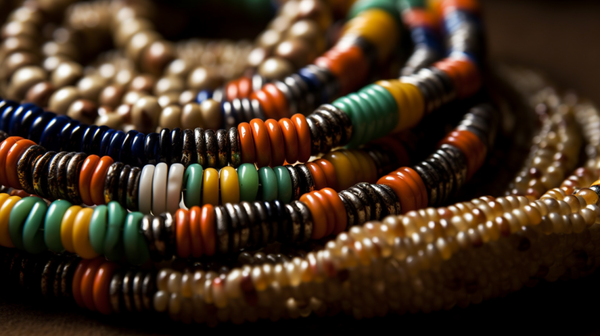 Detailed close-up of a colorful African bead necklace showcasing the intricate design and vibrant colors of traditional African jewelry.