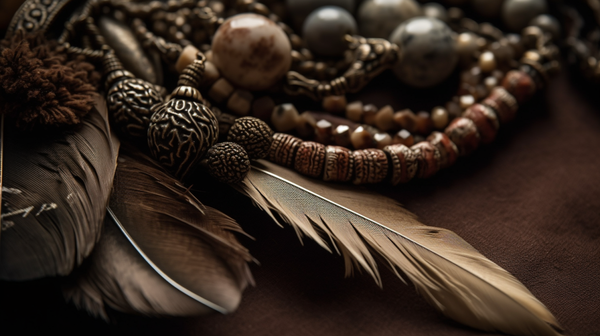 Close-up of early human-inspired jewelry made with natural substances such as feathers, teeth, and tusks against a neutral background.