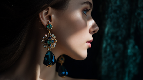 model wearing statement earrings, with large gemstones and intricate design