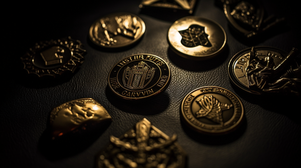 Close-up view of a variety of club emblems and pins, showcasing their detailed designs and polished surfaces on a dark velvet background.