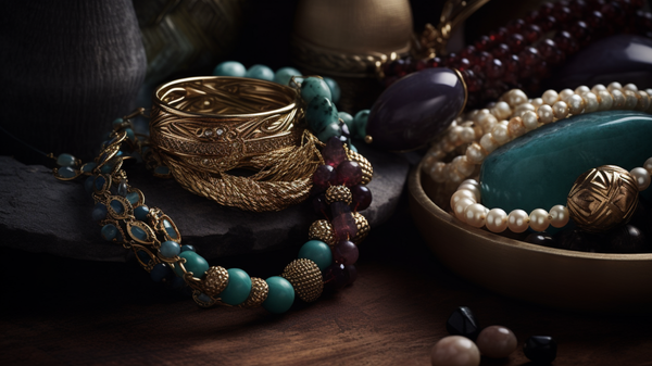 Close-up of contrasting jewellery pieces displaying a variety of materials, textures, and colors.