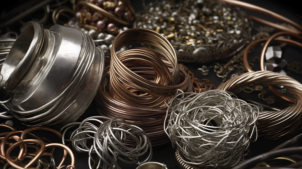 Close-up of various metal forms used in jewellery design, including wire, sheet, and tubing.