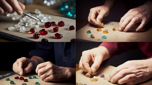 A collage displaying the process of gemmology, from raw gemstones to gems being examined, cut, polished, and finally set into beautiful jewelry.