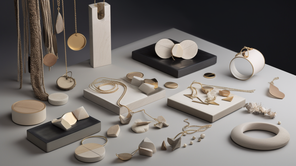 Collage of diverse contemporary jewellery styles, showcasing minimalistic designs, complex pieces, and jewellery made from unconventional materials.
