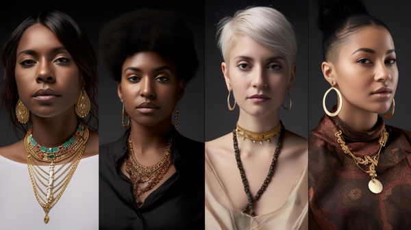 Collage of diverse individuals wearing jewelry pieces that represent their cultural backgrounds, social statuses, and personal styles.