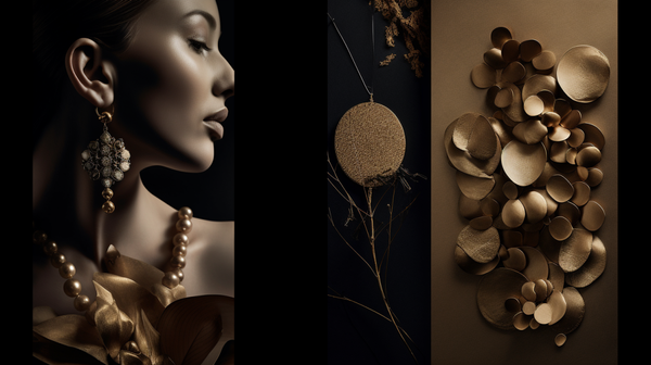 A vibrant collage featuring a variety of contemporary jewellery pieces, showcasing influences from abstract art, naturalistic designs, and innovative surface-enriching techniques.