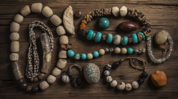 Collection of ancient bead jewelry showcasing a variety of materials and designs