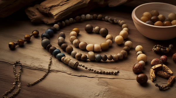 An array of ancient, carefully carved stone beads laid out on a natural stone surface, displaying the artisans' skills and attention to detail.
