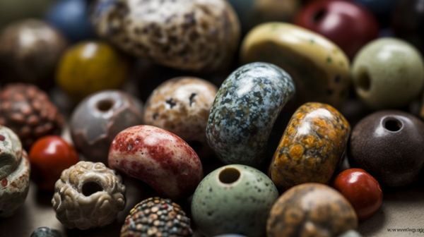 A diverse collection of ancient stone beads showcasing a range of sizes and colors.