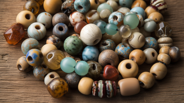 A variety of beads made from sustainable materials, showcasing their diverse colors, textures, and sizes.