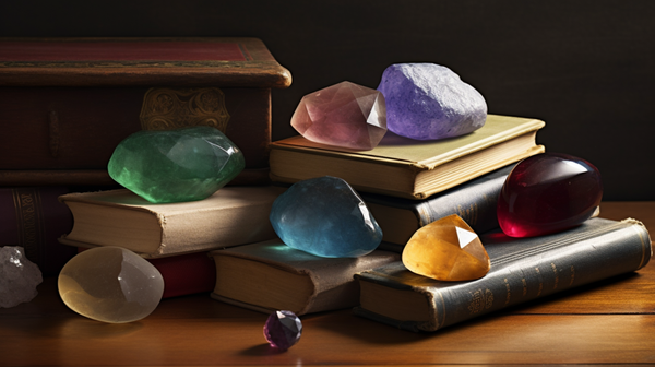 A selection of gemmology study materials including various books and a laptop displaying online courses.