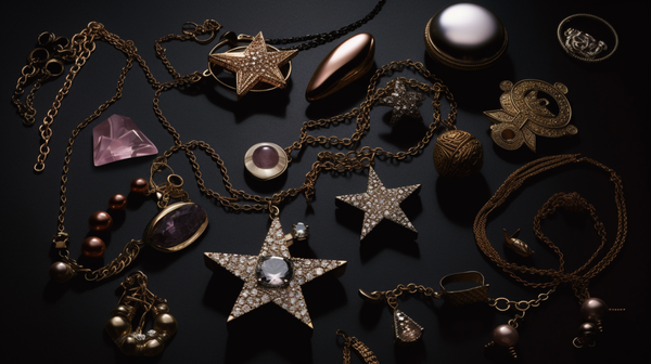 An array of symbolic jewellery pieces spread out on a rich velvet fabric, each carrying a unique symbolic representation such as a star for guidance, a snake for transformation, and a tree for growth.