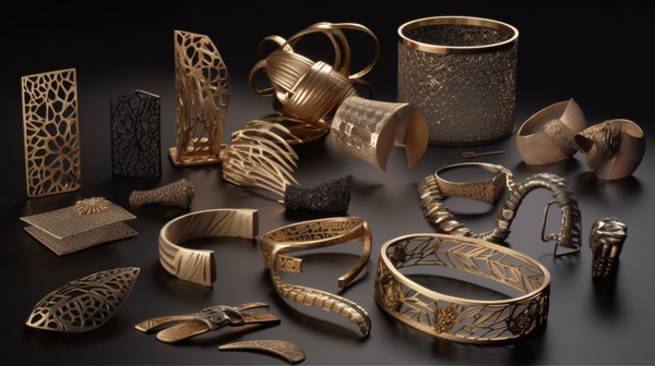 An array of uniquely designed jewelry pieces, showcasing unusual materials and unconventional shapes.