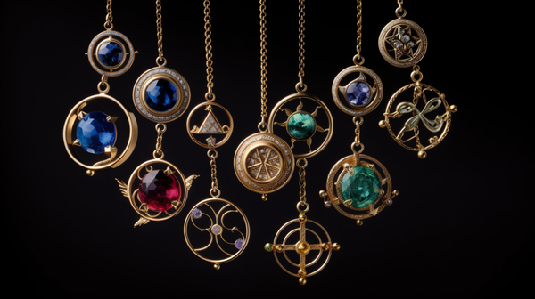 Collection of jewelry pieces showcasing innovative astrological and gemstone designs on a neutral background.