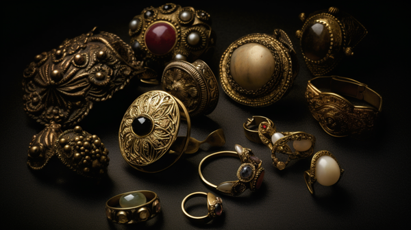 A variety of oversized rings and heavy earrings, showcasing different styles and eras in Western jewellery history.