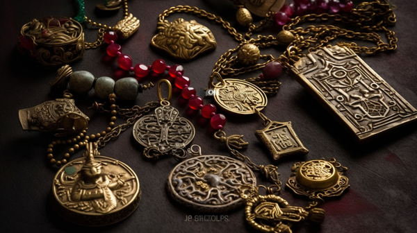 An array of diverse amulets from various cultures, showcasing the variety in design and materials.