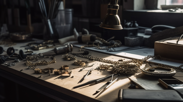 Traditional and modern jewellery making tools displayed on a workbench