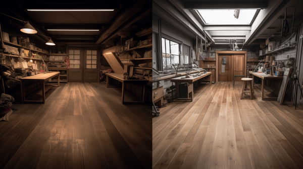 A comparison of a traditional wooden workshop floor and a modern reinforced concrete floor