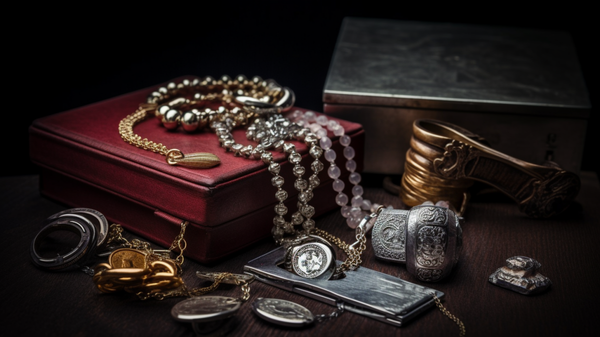 Precious jewelry arranged with financial symbols representing the concept of jewelry as an investment.
