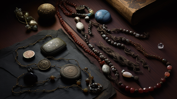An array of stone jewelry items ranging from an ancient bead necklace, a medieval ring, to a contemporary gemstone pendant, showcasing the evolution of stone jewelry.