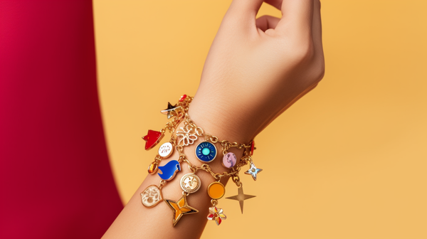 A model wearing a modern charm bracelet adorned with various symbols, demonstrating the continued appeal of symbolic jewelry in contemporary fashion.