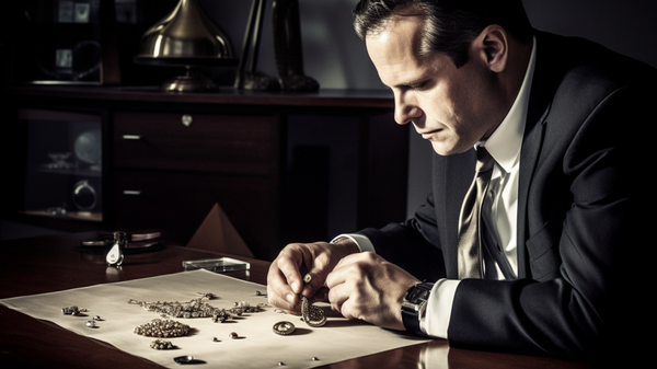 Jewelry investor in a formal office setting, meticulously examining a piece of jewelry with a loupe.