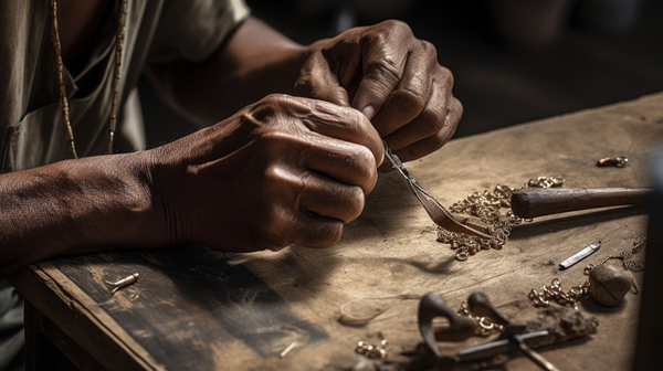 A craftsman meticulously working in a sustainable jewelry workshop, demonstrating commitment to ethical and environmentally-friendly practices.