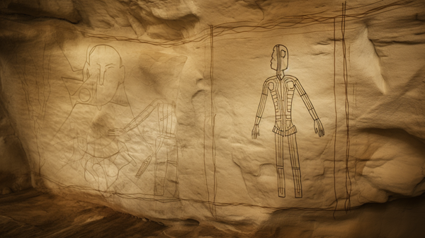 Abstract human figure embellished with primitive ornaments, with faint traces of prehistoric cave drawings in the backdrop.