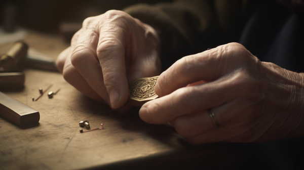 Overhead view of a craftsman's hands meticulously etching a symbol into an amulet, showcasing the artistry and precision involved in amulet creation.