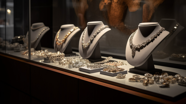 Jewellery pieces displayed in an art gallery setting, symbolising the recognition of jewellery as an art form.