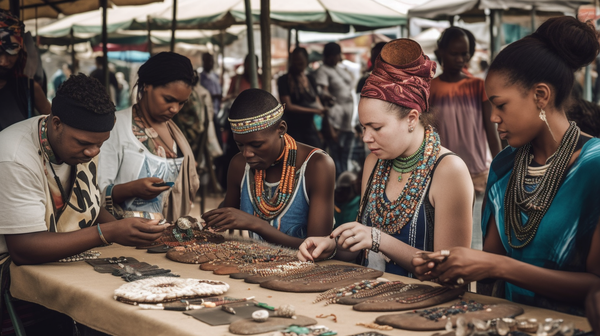 A diverse group of people showcasing their handmade jewellery pieces at a local market or exhibition