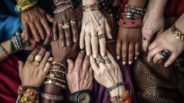 A diverse group of people proudly displaying their symbolic jewellery, representing shared cultural narratives and collective experiences.