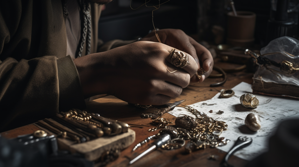 A focused individual deeply immersed in the process of jewellery making, surrounded by various tools and materials