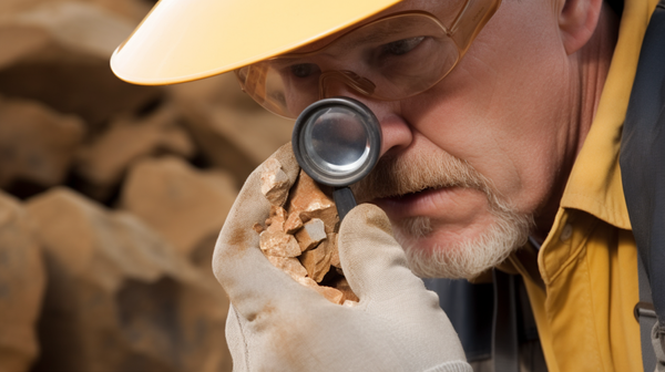 gemmologist at a mining site, examining a piece of raw gemstone