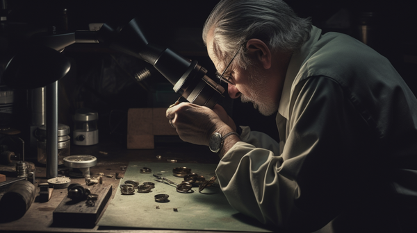 A gemologist carefully examining a gemstone under a microscope.