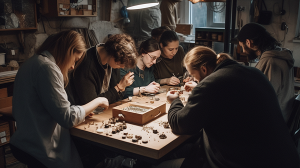 A group of jewellery makers gathered in a workshop, discussing their work and exchanging ideas