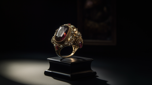 A high-quality reproduction of a historic piece of jewelry displayed on a museum-like stand against a neutral background