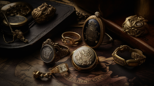 A historic collection of various official jewelry items such as royal crowns, military medals, and signet rings
