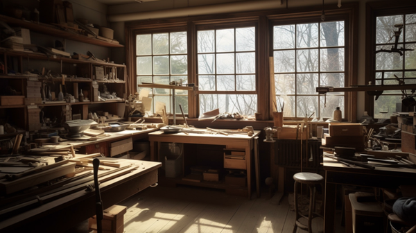 A horologist's workshop with a large east-facing window, bathed in soft morning light, a well-organized bench placed before it, and an array of horologist's tools neatly arranged.