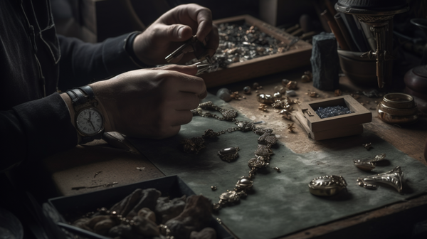 Close-up of a jeweler's hands working on a piece of jewellery at their workbench.
