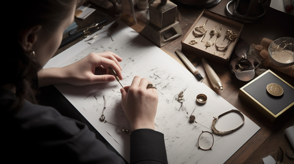 A jeweller deeply immersed in the design process, surrounded by sketches, tools, and materials.