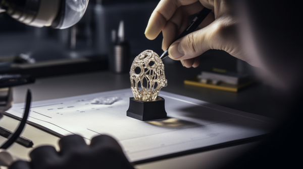 Jeweller using a 3D printer to create a detailed piece of jewellery, demonstrating the incorporation of advanced technology in contemporary jewellery design.